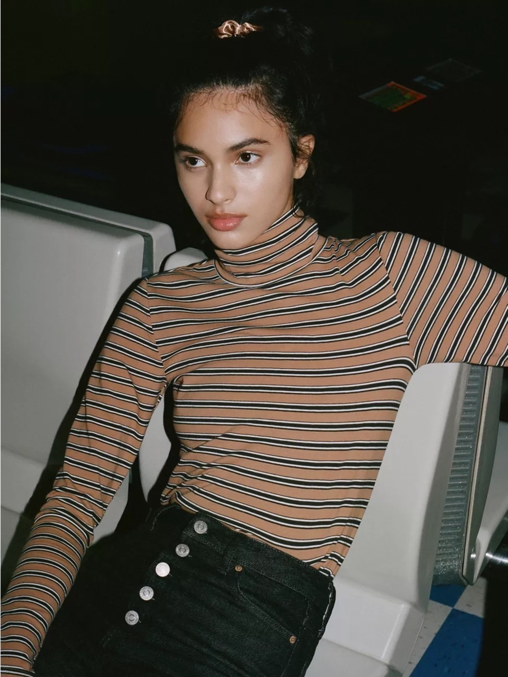 Urban Outfitters Striped Long Sleeve Turtleneck Top - Rust, Black & White // XS